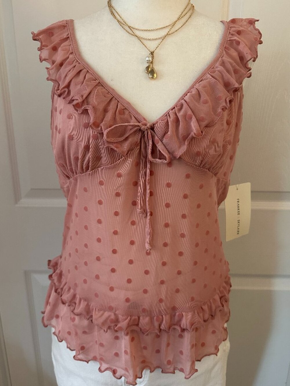 NWT Frankee & Skylarr Pink Mesh Dot Ruffle Tie-Front Tank Top Size XL